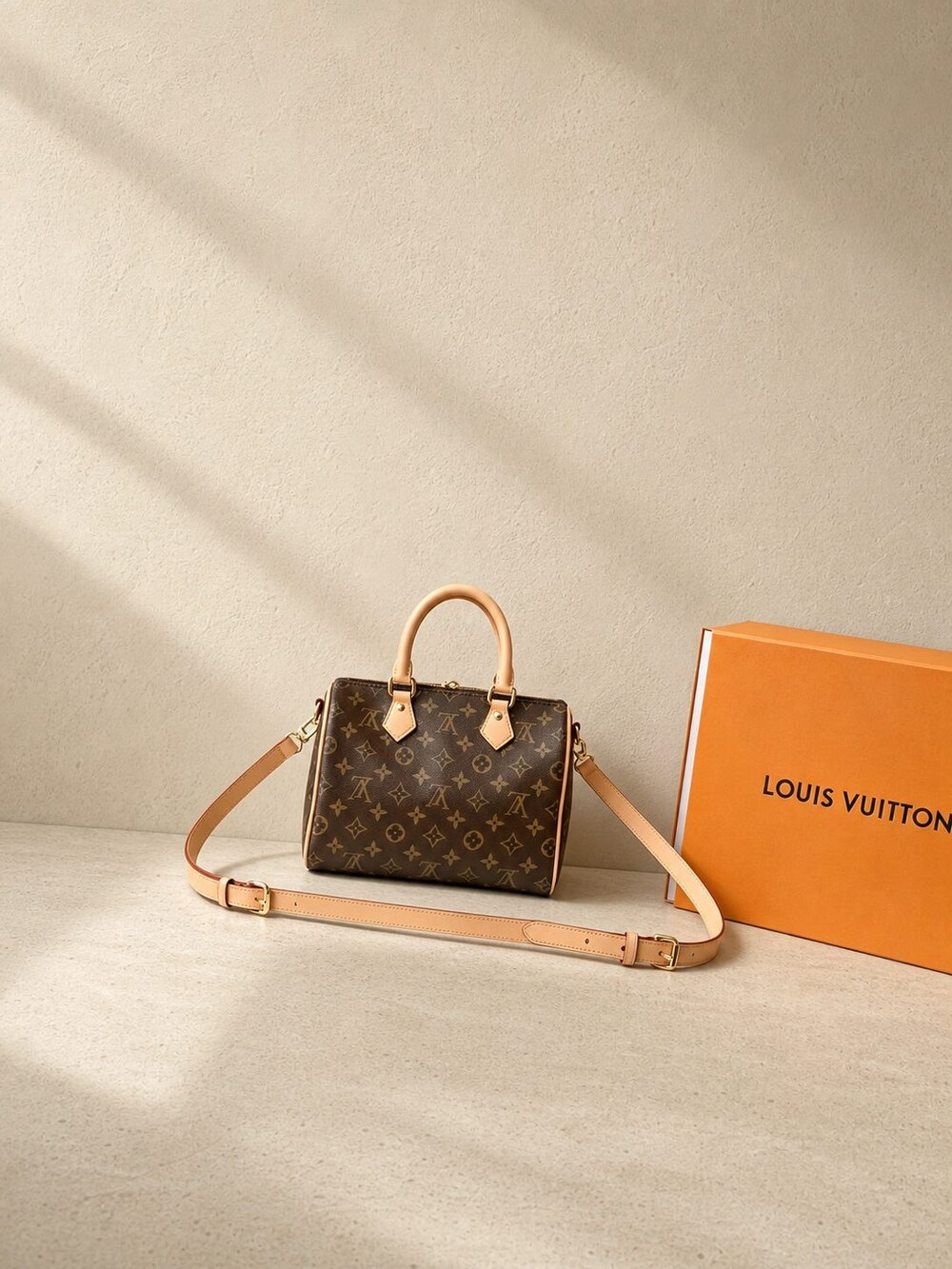 Louis Vuitton Speedy Bandouliere Handbag with Monogram Canvas and Gold Hardware